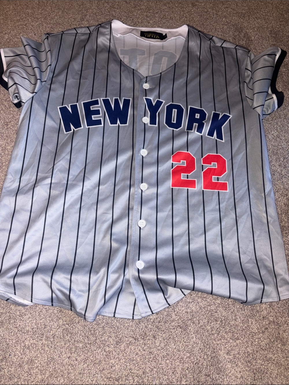 New York Women's Pinstripe Jersey - Gray with Navy & Red